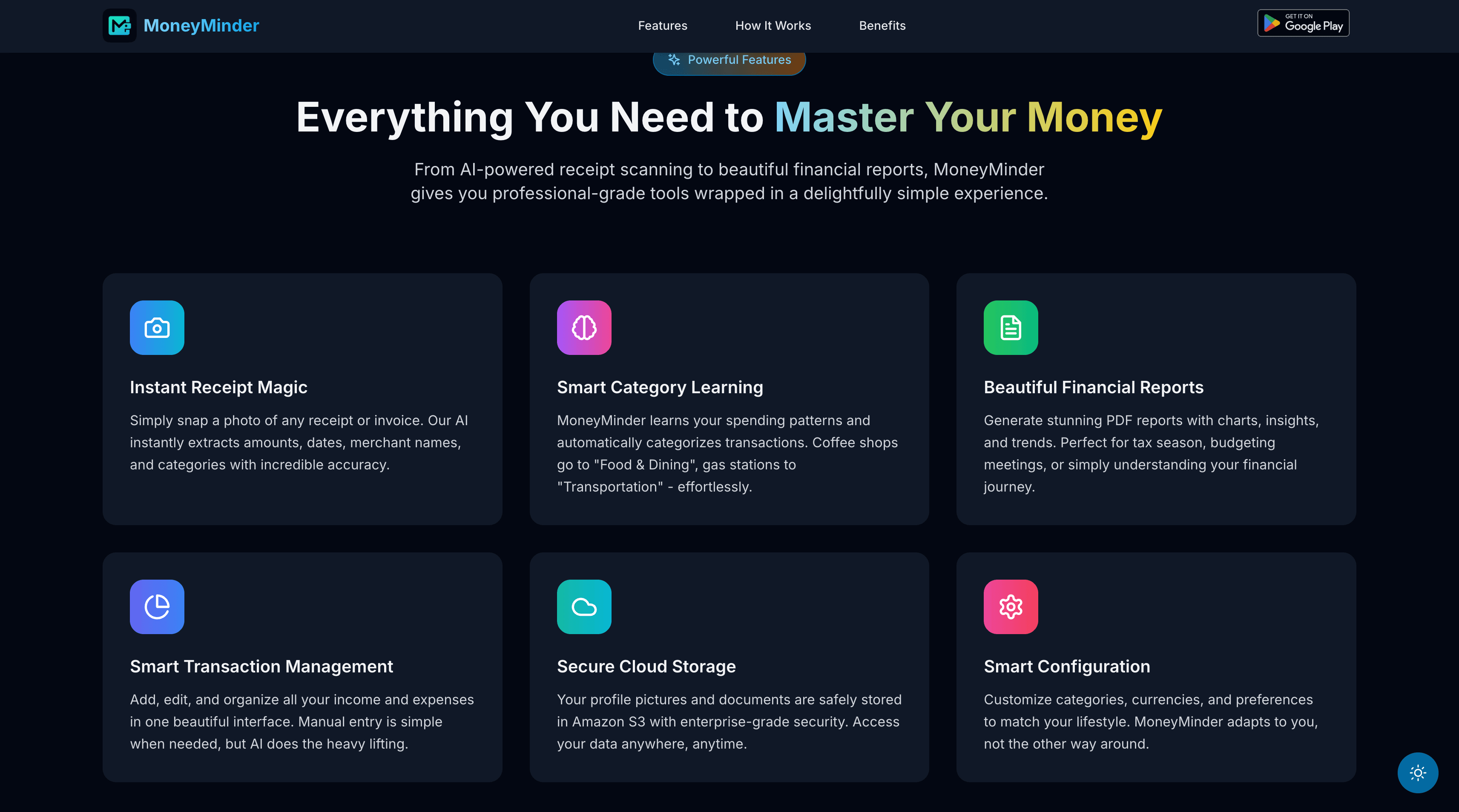Money Minder product interface